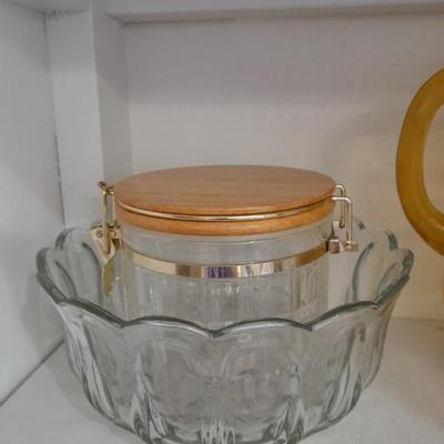 Vintage yellow glass pitcher, jar, and other glass Kitchen items