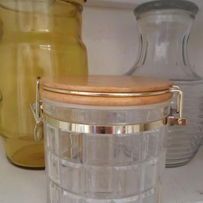 Vintage yellow glass pitcher, jar, and other glass Kitchen items