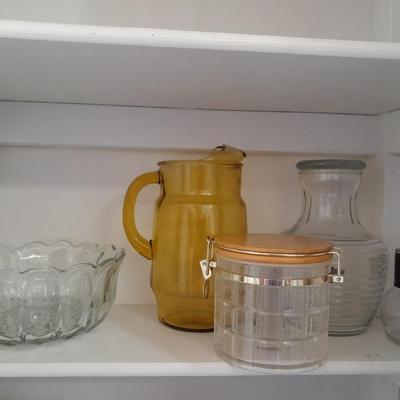 Vintage yellow glass pitcher, jar, and other glass Kitchen items