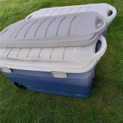 Two large Rubbermaid totes with 3 lids