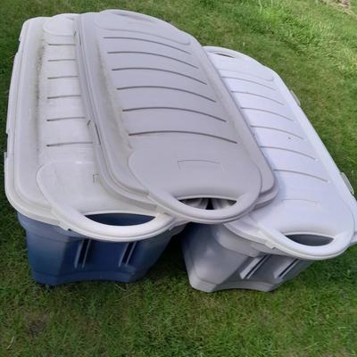 Two large Rubbermaid totes with 3 lids