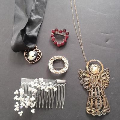 Fashion Jewelry, Angel necklace, red brooch, vintage hair clip and more
