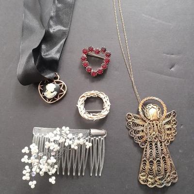 Fashion Jewelry, Angel necklace, red brooch, vintage hair clip and more