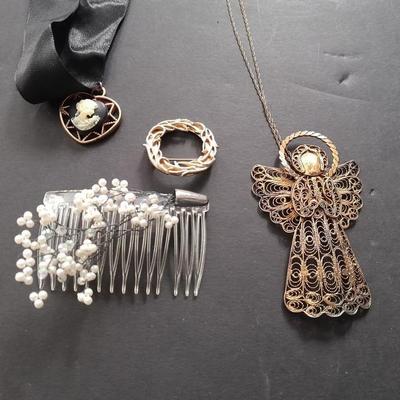 Fashion Jewelry, Angel necklace, red brooch, vintage hair clip and more