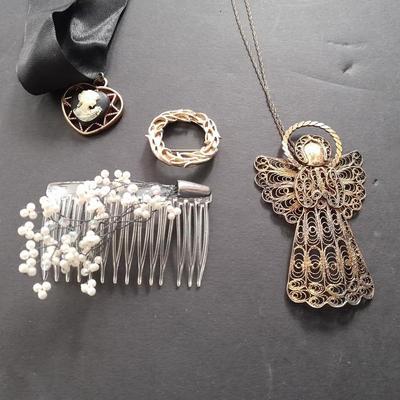 Fashion Jewelry, Angel necklace, red brooch, vintage hair clip and more