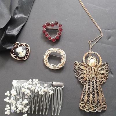 Fashion Jewelry, Angel necklace, red brooch, vintage hair clip and more