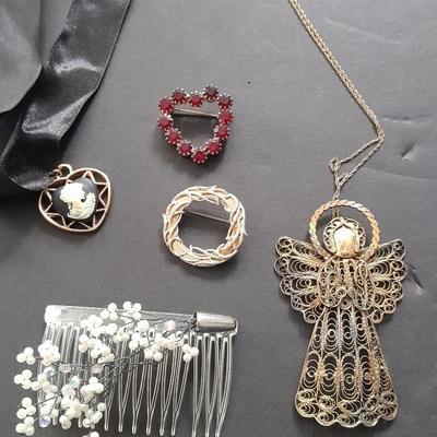 Fashion Jewelry, Angel necklace, red brooch, vintage hair clip and more