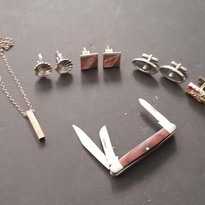 Men's cuff links pocketknife and necklace
