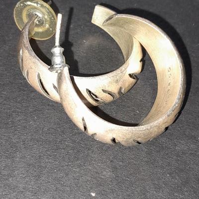 Silver toned chain necklace and 925 Sterling Silver Vintage Mexico Carved Design Hoop Earrings