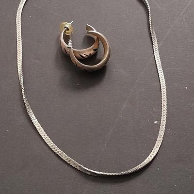 Silver toned chain necklace and 925 Sterling Silver Vintage Mexico Carved Design Hoop Earrings