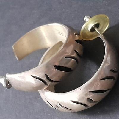 Silver toned chain necklace and 925 Sterling Silver Vintage Mexico Carved Design Hoop Earrings