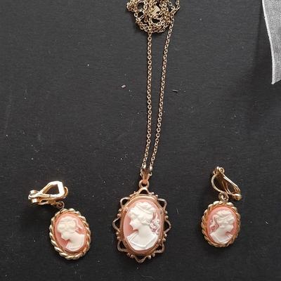 Cameo necklace with matching earings, and more