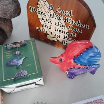 Small collectible thermometers, yard Squirrel, angel, Hummingbird fan pull and more