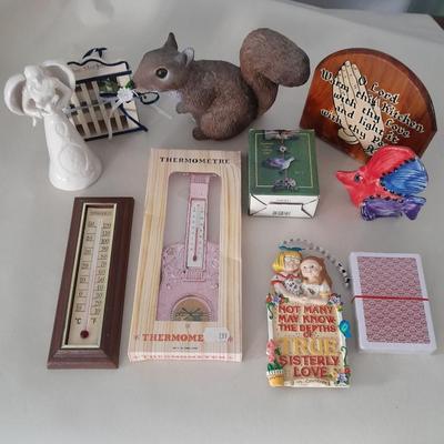 Small collectible thermometers, yard Squirrel, angel, Hummingbird fan pull and more