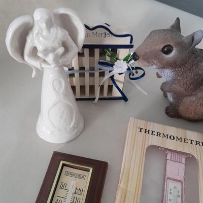 Small collectible thermometers, yard Squirrel, angel, Hummingbird fan pull and more
