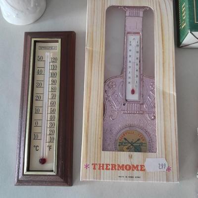 Small collectible thermometers, yard Squirrel, angel, Hummingbird fan pull and more