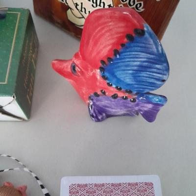 Small collectible thermometers, yard Squirrel, angel, Hummingbird fan pull and more