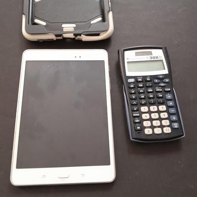 Samsung tablet and Texas Instruments TI-30XIS calculator