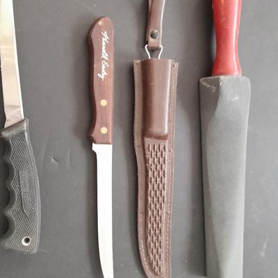 FISHING - Filet knives, with sharpener Coleman Western and vintage Harold Ensley knife with sheaths