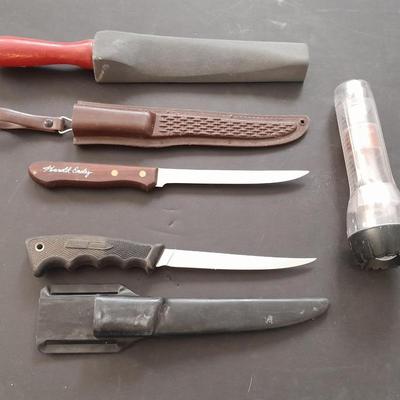 FISHING - Filet knives, with sharpener Coleman Western and vintage Harold Ensley knife with sheaths