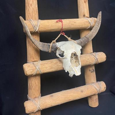 Southwestern Rustic Decor Wood Ladder with Small Cattle Cow Steer Skull