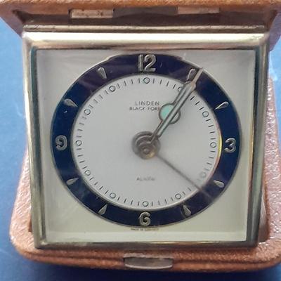 Vintage metal belt buckle with boots, Vintage Linden Black Forest travel alarm clock and watch band