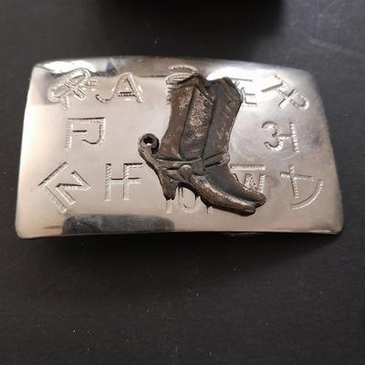 Vintage metal belt buckle with boots, Vintage Linden Black Forest travel alarm clock and watch band