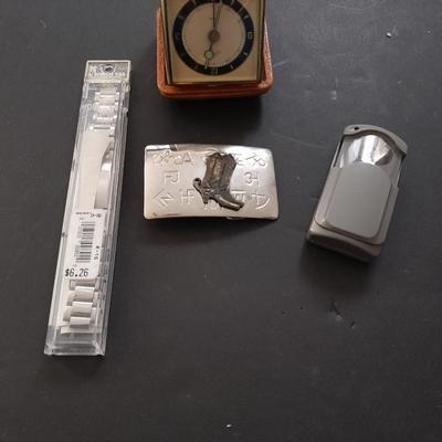 Vintage metal belt buckle with boots, Vintage Linden Black Forest travel alarm clock and watch band