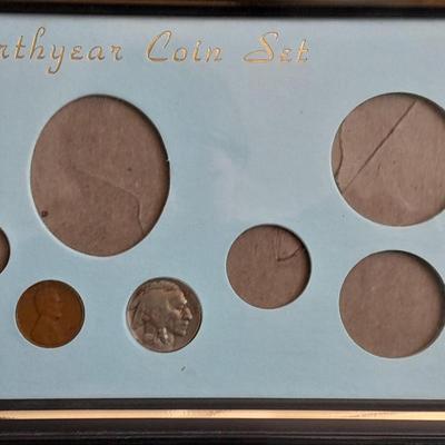 Birthday coin set 1935 D penny, 1935 Buffalo nickel with Greeley bank bag