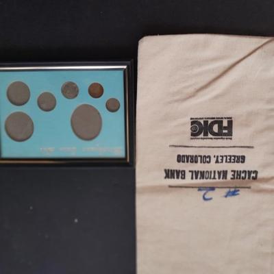 Birthday coin set 1935 D penny, 1935 Buffalo nickel with Greeley bank bag