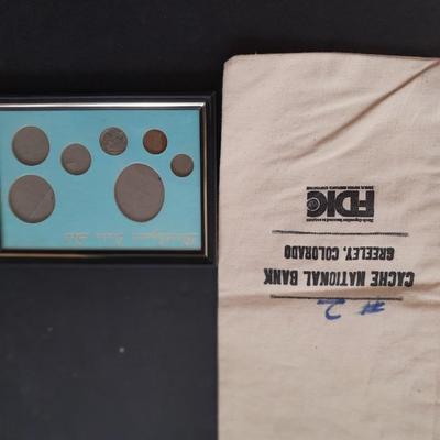 Birthday coin set 1935 D penny, 1935 Buffalo nickel with Greeley bank bag