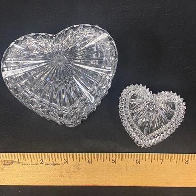 Pair of Cut Crystal Glass Heart Shaped Lidded Trinket Jewelry Boxes