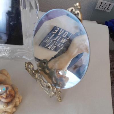 Dragon figure, glass picture frame, Love will save the day picture and metal stand with mirror
