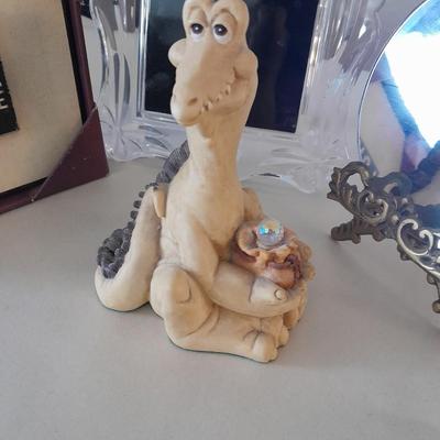 Dragon figure, glass picture frame, Love will save the day picture and metal stand with mirror