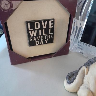 Dragon figure, glass picture frame, Love will save the day picture and metal stand with mirror