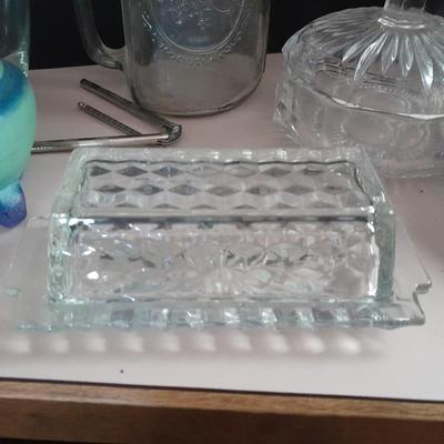 Kitchen glassware, butter dish, jar pitcher and more