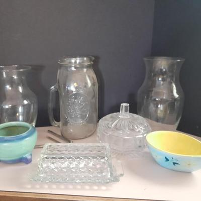 Kitchen glassware, butter dish, jar pitcher and more