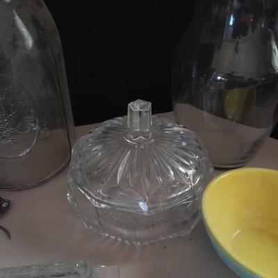 Kitchen glassware, butter dish, jar pitcher and more
