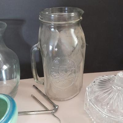 Kitchen glassware, butter dish, jar pitcher and more