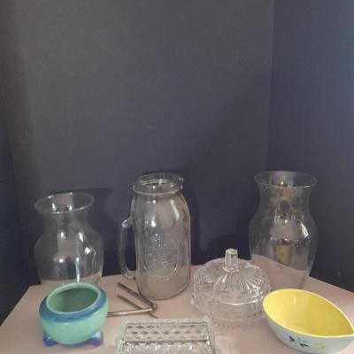 Kitchen glassware, butter dish, jar pitcher and more
