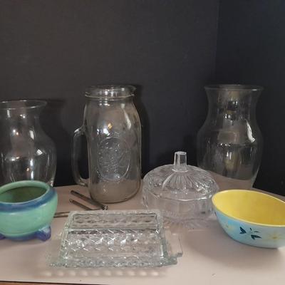 Kitchen glassware, butter dish, jar pitcher and more