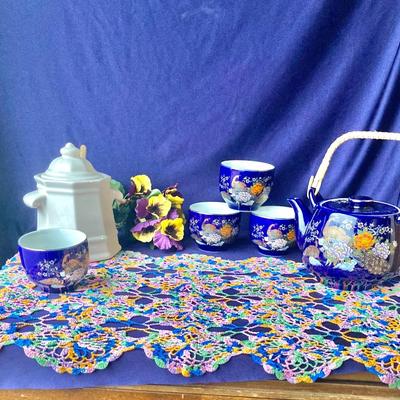 PRETTY ASIAN TEA SET, HINEY POT AND HAND MADE DOILY