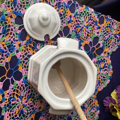 PRETTY ASIAN TEA SET, HINEY POT AND HAND MADE DOILY