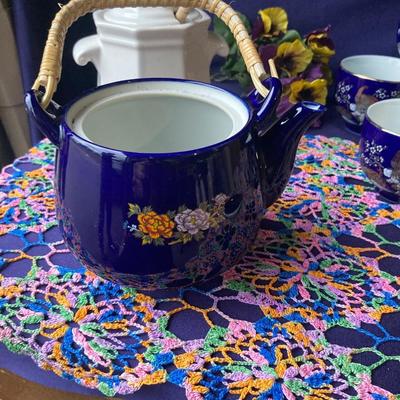 PRETTY ASIAN TEA SET, HINEY POT AND HAND MADE DOILY