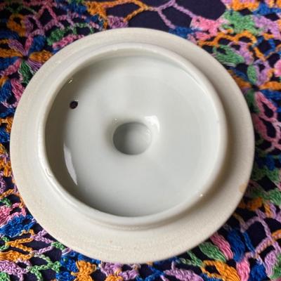 PRETTY ASIAN TEA SET, HINEY POT AND HAND MADE DOILY