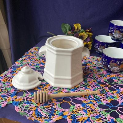 PRETTY ASIAN TEA SET, HINEY POT AND HAND MADE DOILY