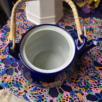 PRETTY ASIAN TEA SET, HINEY POT AND HAND MADE DOILY