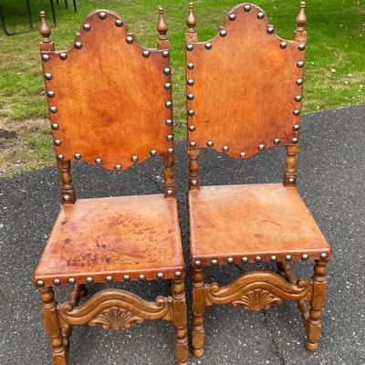 Vintage Leather Dining Chairs With Nail Head Trim Pair