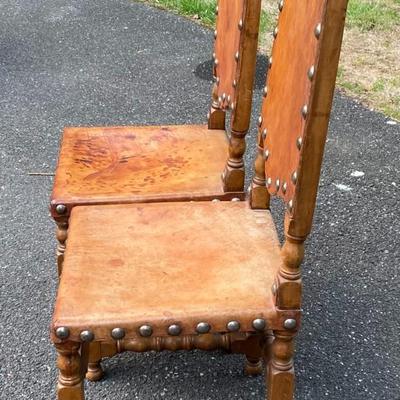 Vintage Leather Dining Chairs With Nail Head Trim Pair