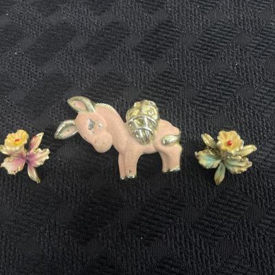 Vintage pink donkey brooch, vintage orchid brooches